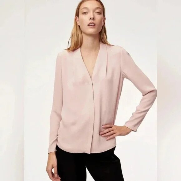 BABATON (Aritzia) L Soft Pink V-Neck Power Long Sleeve Work Blouse Akira - Picture 1 of 9
